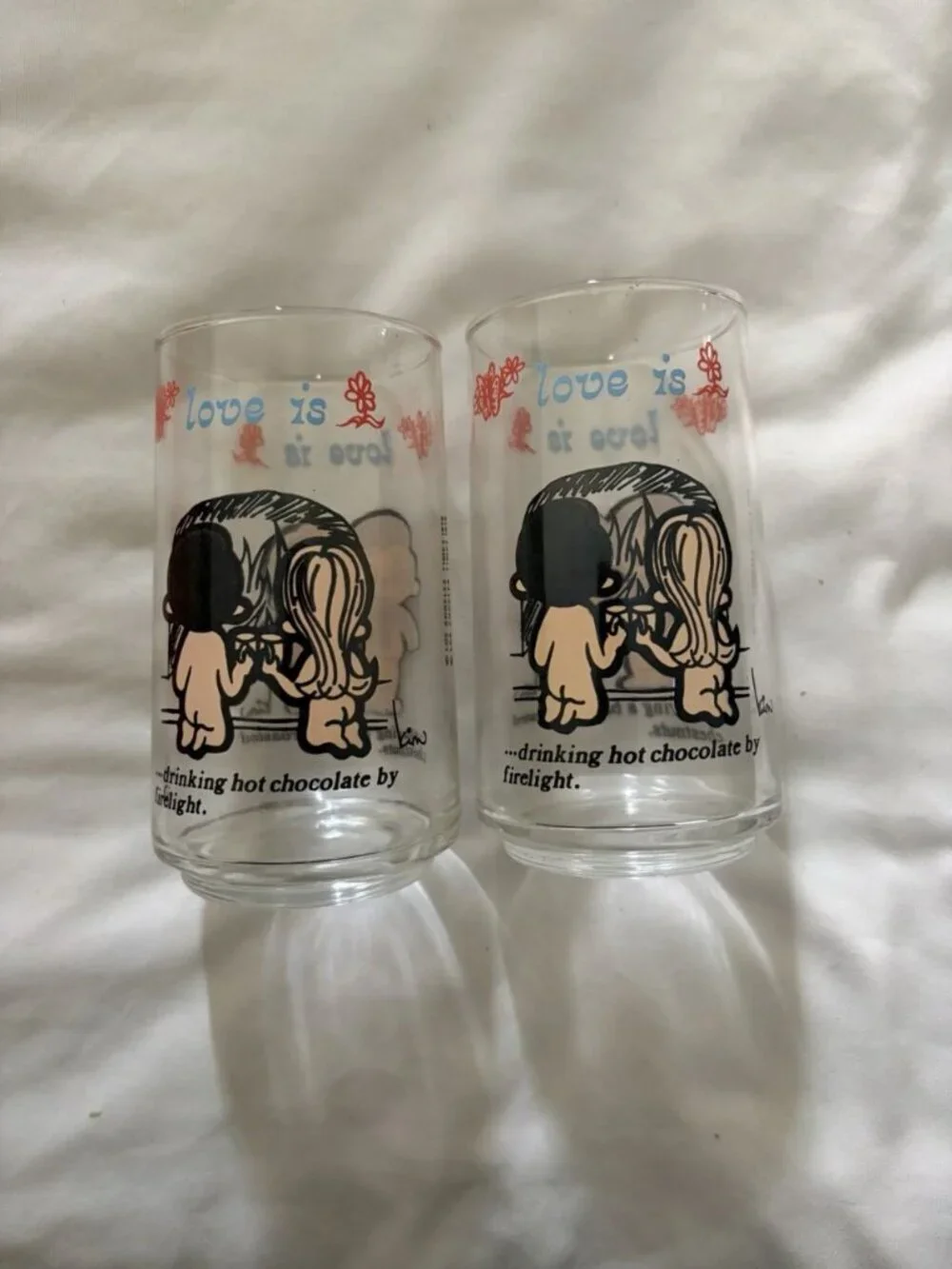 Vintage Anchor Hocking 1976 Kim Casali LA Times Love Is 8 Pc Set 12oz Glass Cups